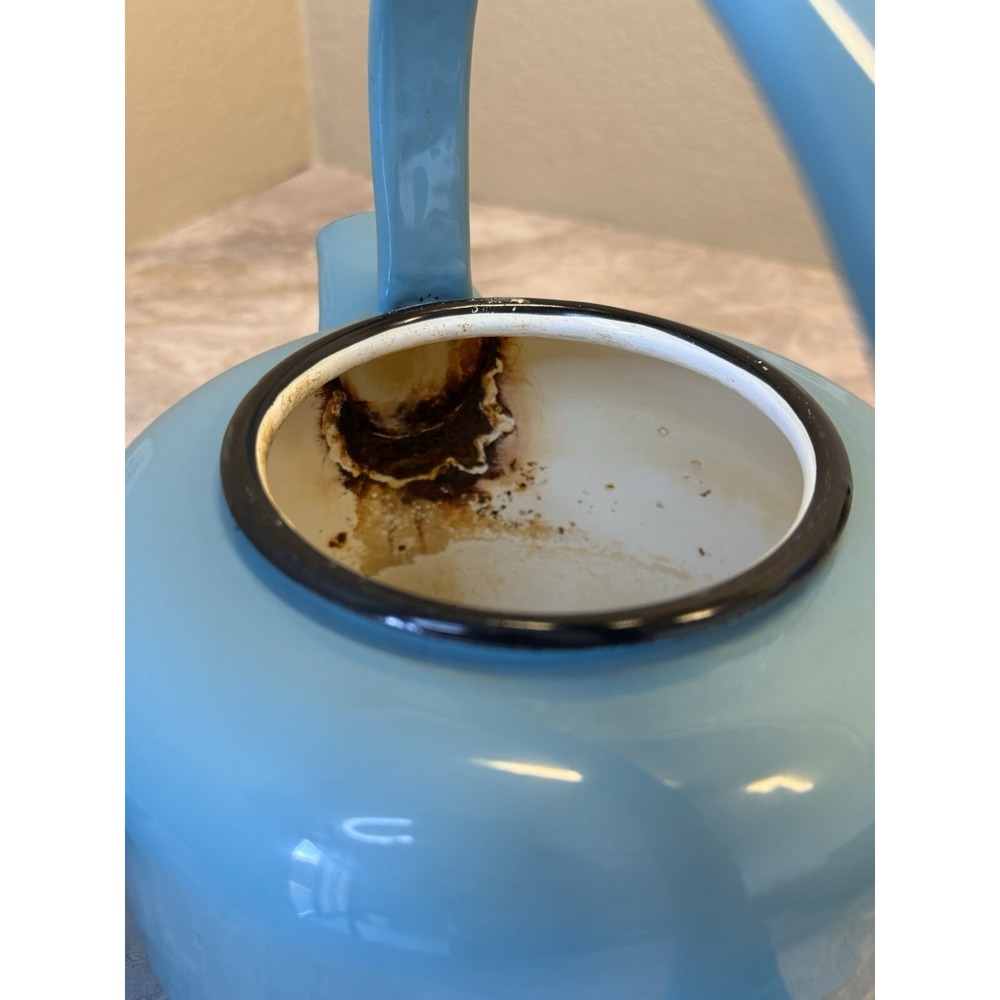 Vintage Blue Enamel Tea Kettle Stovetop Pot Mid Century Farmhouse Decor - Picture 5 of 12